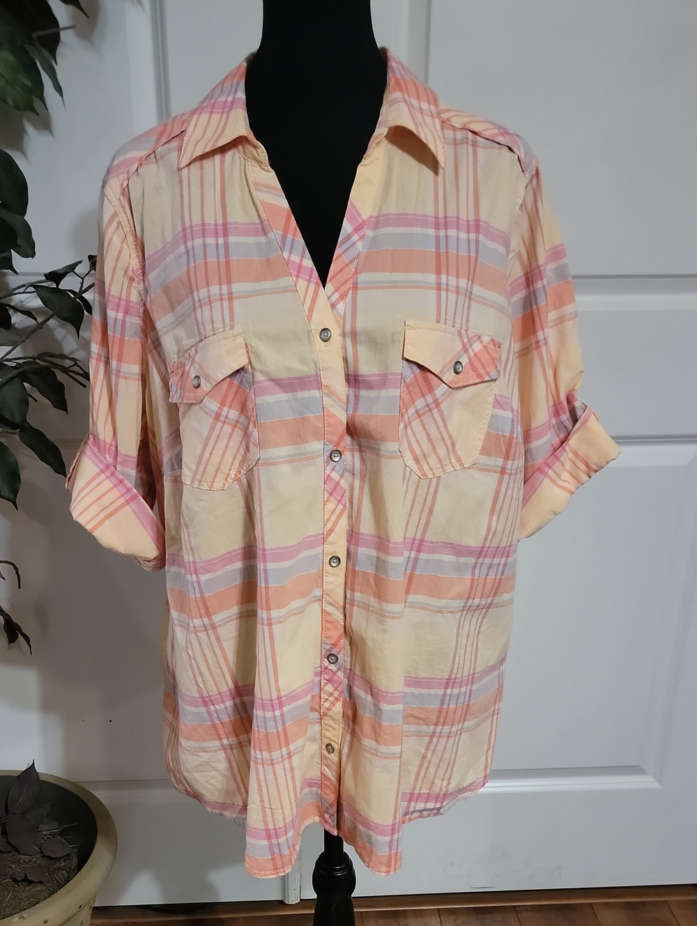 Sonoma Peach and Pink Plaid Button-Down Shirt